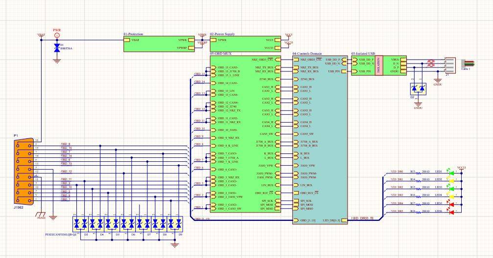 Detailed circuit schematic diagram showing OBD connections, power supply, USB isolation, and LED indicators, designed for advanced electronic systems at MAKS Inc.