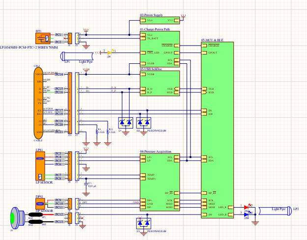 Comprehensive circuit schematic featuring power supply, BLE module, pressure sensors, and LED indicators for advanced electronic systems at MAKS Inc.