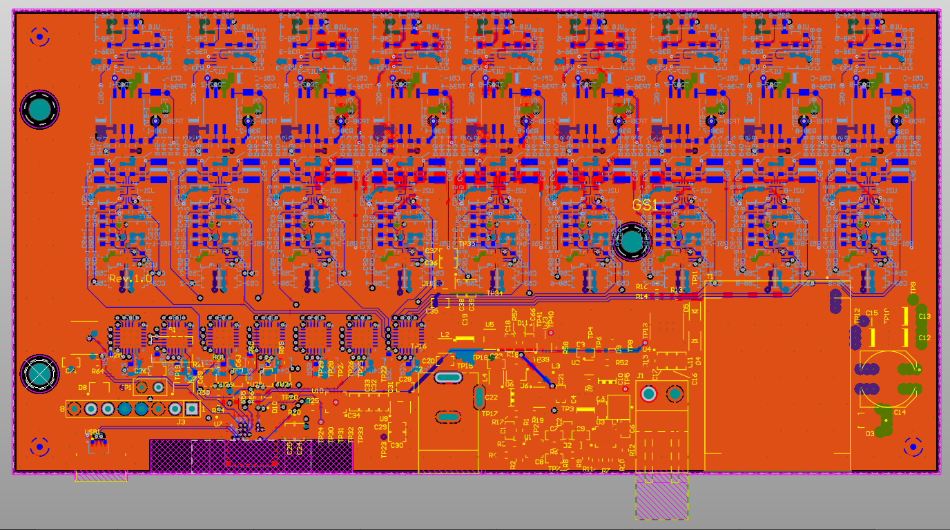 High-density PCB layout featuring multiple layers, intricate routing, and advanced electronic components for optimized circuit performance at MAKS Inc.