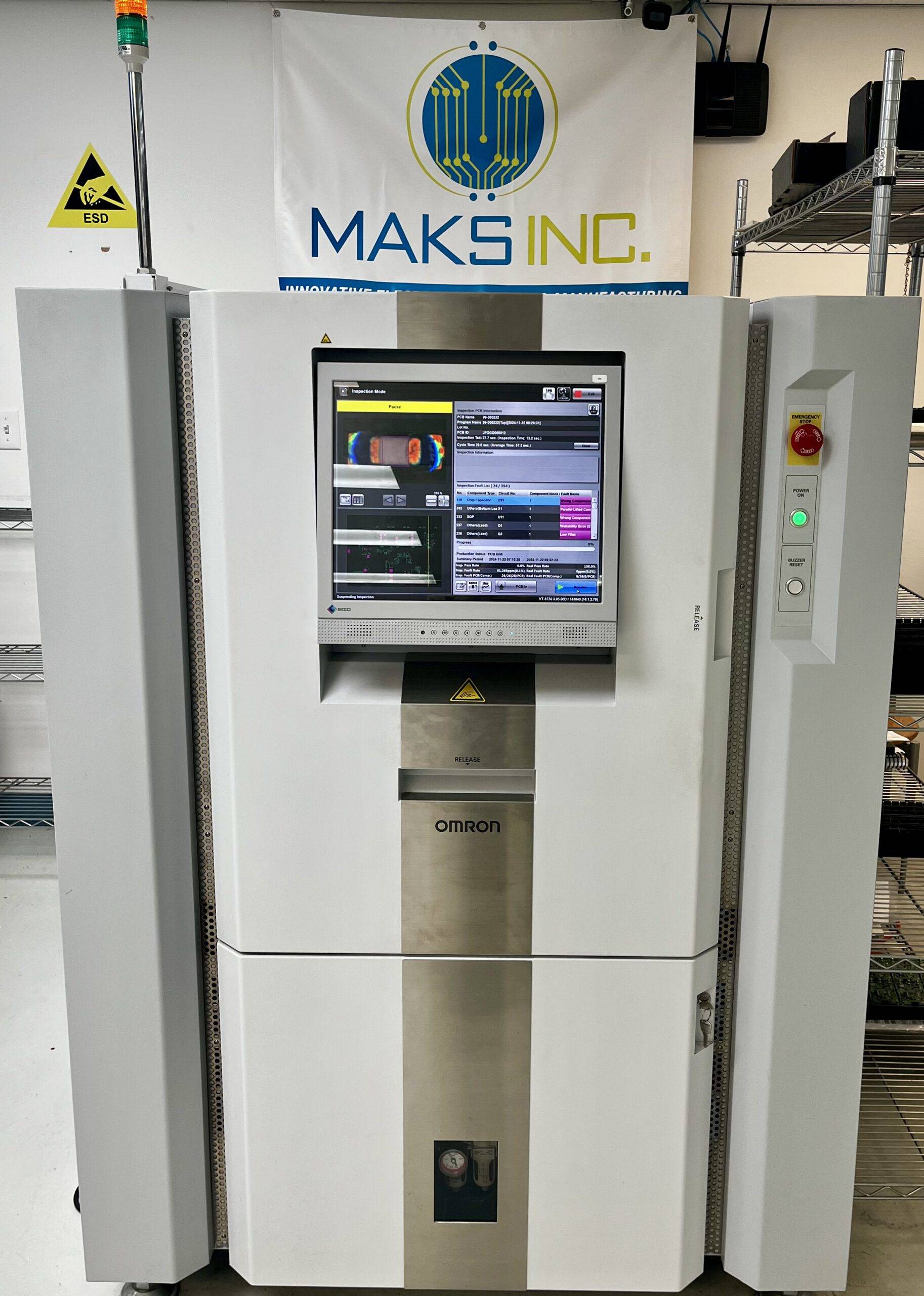 Omron Automated Optical Inspection (AOI) machine with 3D capabilities for SMT PCB assembly quality control at MAKS Inc.