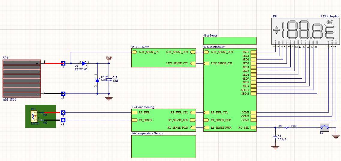 Circuit schematic featuring a lux meter, temperature sensor, microcontroller, and LCD display for precise environmental measurements at MAKS Inc.