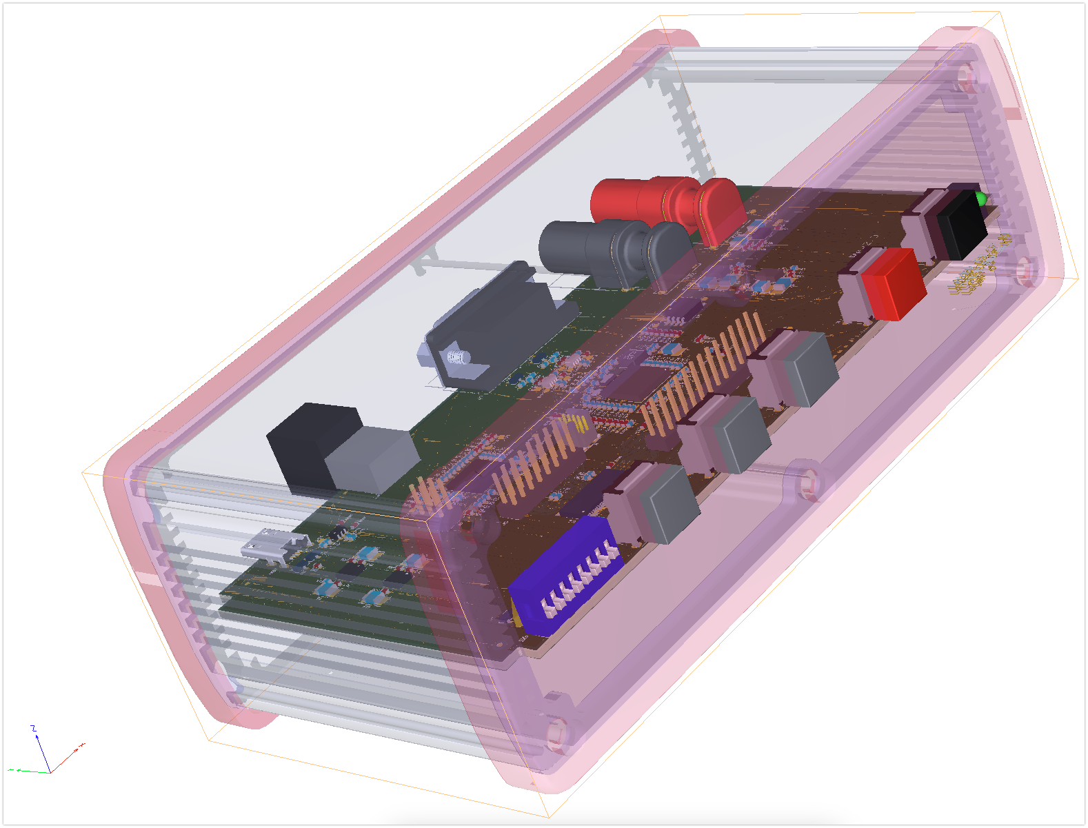 3D CAD model of an enclosed electronic circuit board with components, showcasing design for protection and functionality at MAKS Inc.