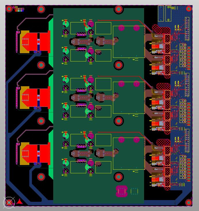 PCB layout design showcasing a multi-layered circuit with connectors and components, optimized for high-performance electronics at MAKS Inc.